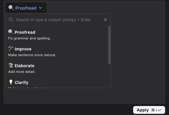 AI-powered proofreading, improving, shortening, and elaboration